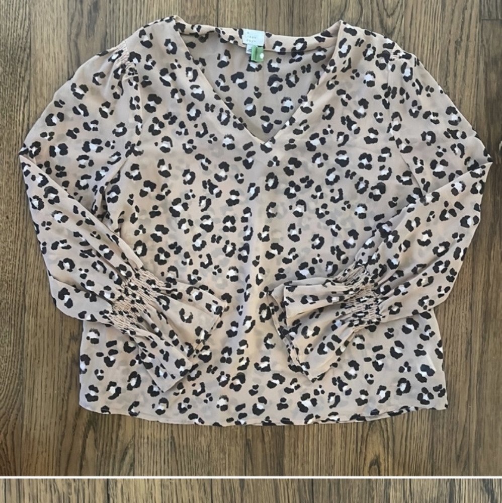 A New Day Sheer Leopard Blouse Long Sleeve Sz L